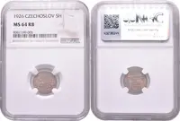 5 Haléř 1926, etue NGC, hodnocení MS 64 RB, — 2