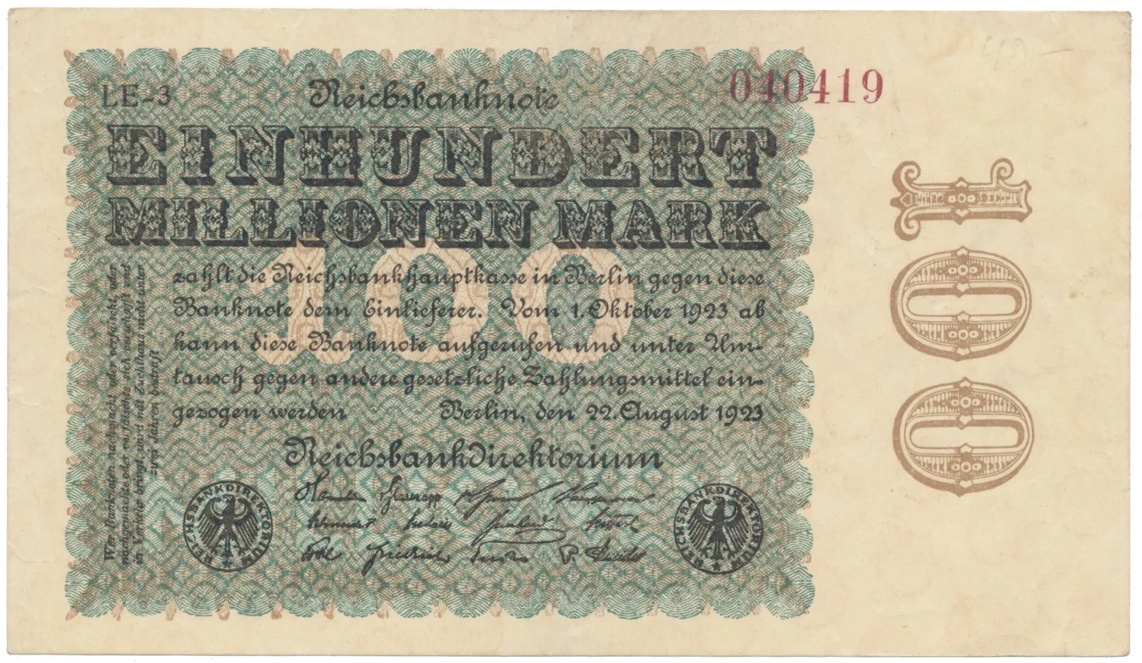 Německo, 100 Millionen Mark 1923, Ringe, Ro.106q