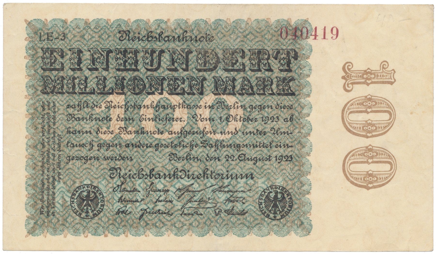 Německo, 100 Millionen Mark 1923, Ringe, Ro.106q
