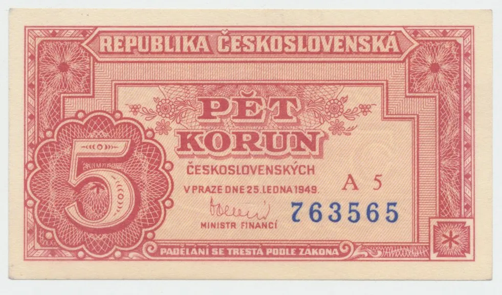 Československo, 5 Koruna 1949, série A 1 - 9, neperforovaná, Hej.83a1
