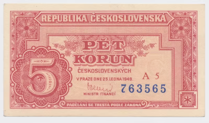 Československo, 5 Koruna 1949, série A 1 - 9, neperforovaná, Hej.83a1