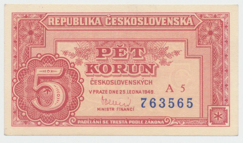 Československo, 5 Koruna 1949, série A 1 - 9, neperforovaná, Hej.83a1