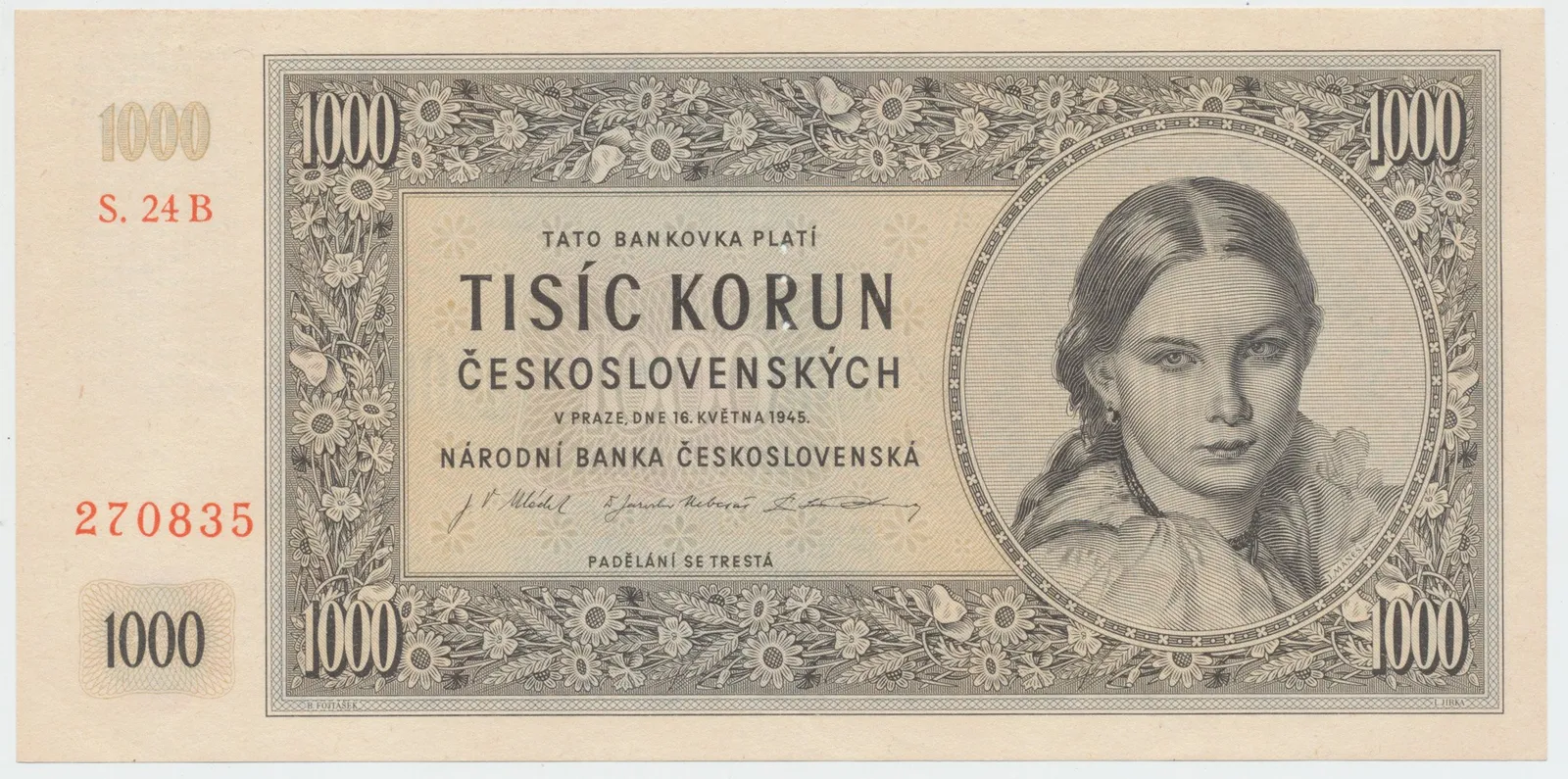 Československo, 1000 Koruna 1945, I. vydání, série B, Hej.78b