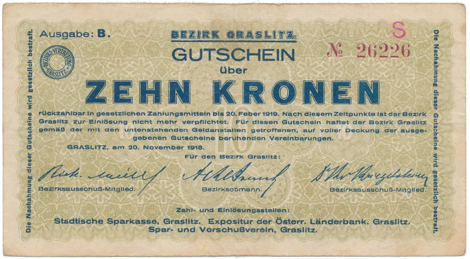 Graslitz (Kraslice) - okres, 10 K  1918, HH.56.1.2b