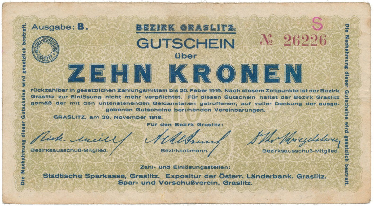 Graslitz (Kraslice) - okres, 10 K  1918, HH.56.1.2b