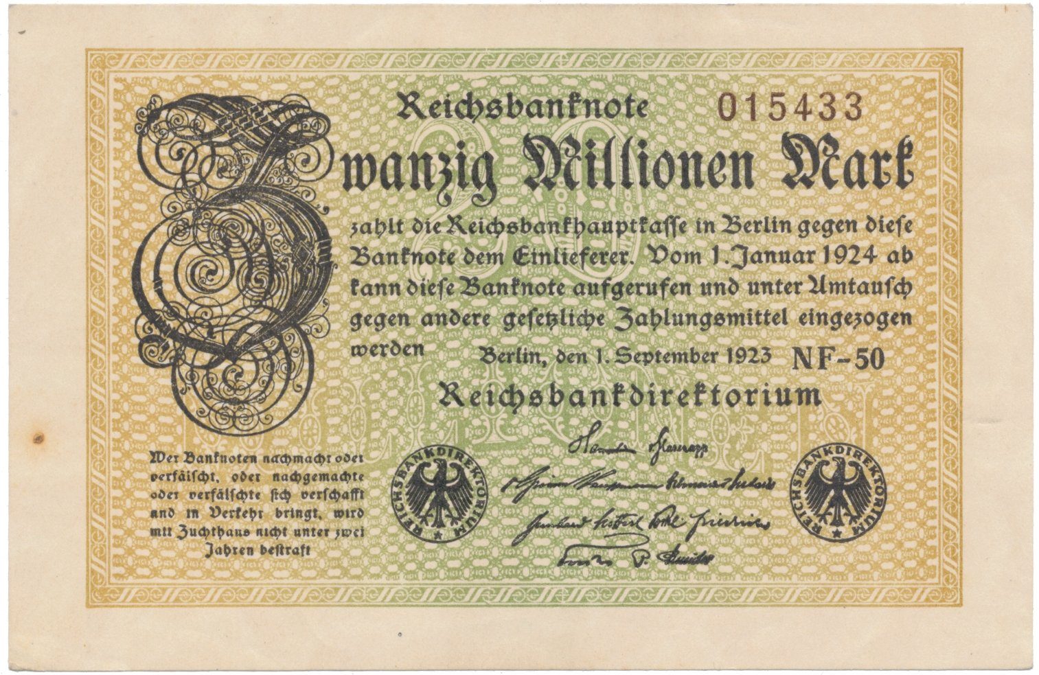 Německo, 20 Millionen Mark 1923, Ro.107e