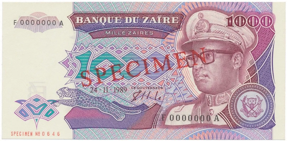 Zaire, 1000 Zaires 1989, anulát - SPECIMEN, P.35s