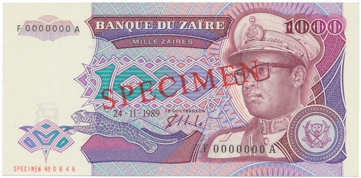 Zaire, 1000 Zaires 1989, anulát - SPECIMEN, P.35s