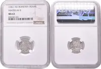 Denár, Cach 354, úzká koruna, certifikace NGC, hodnocení MS 63, luxusní zachovalost — 2