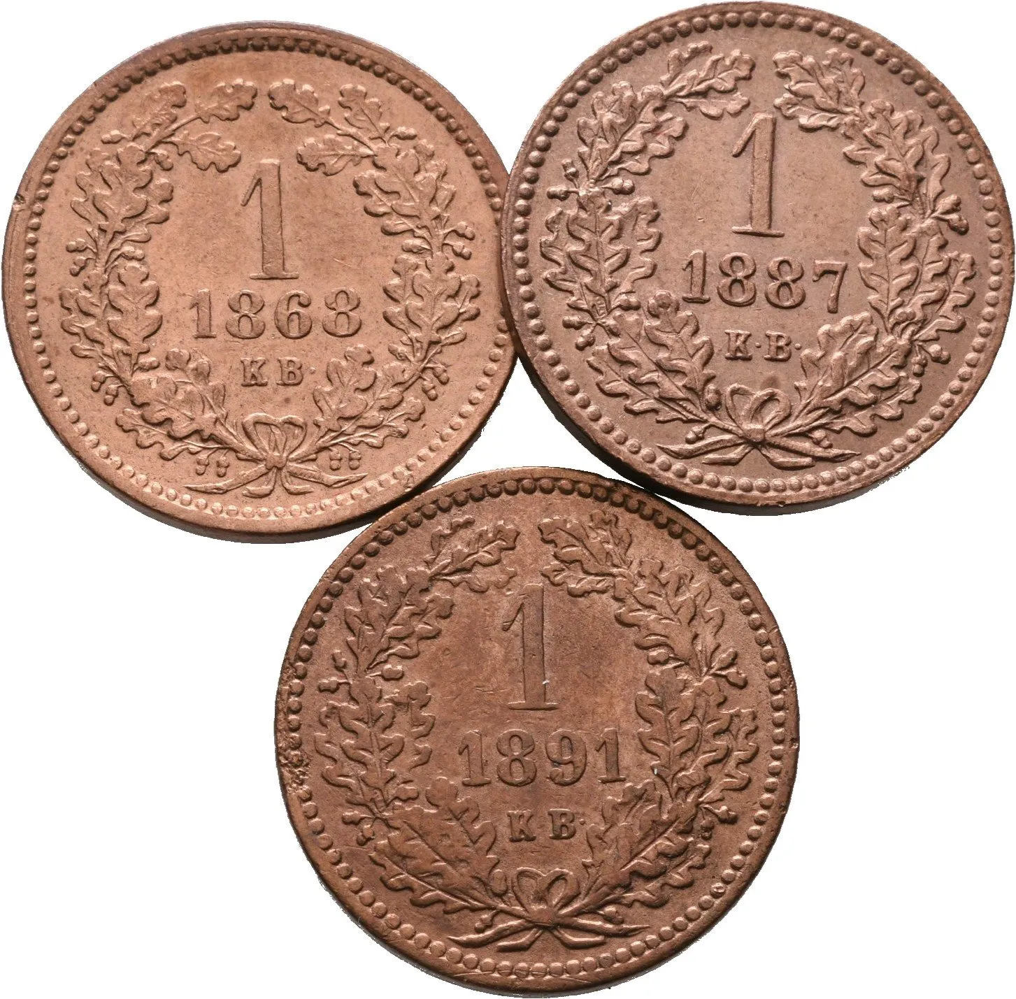 1 Krejcar 1868 KB, 1887 KB a 1891 KB - lot 3 ks