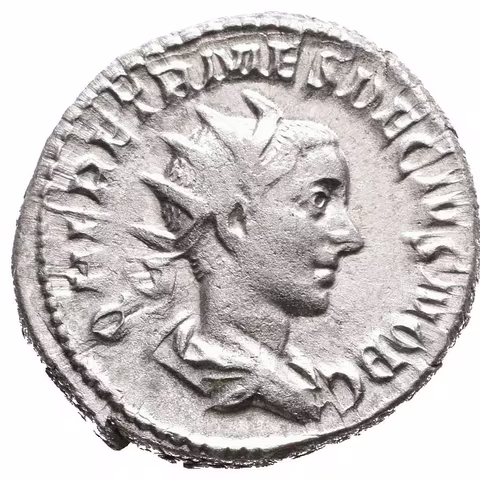 Antoninian, Rv: SPES PVBLICA, kráčející Spes doleva nese květinu, levou rukou