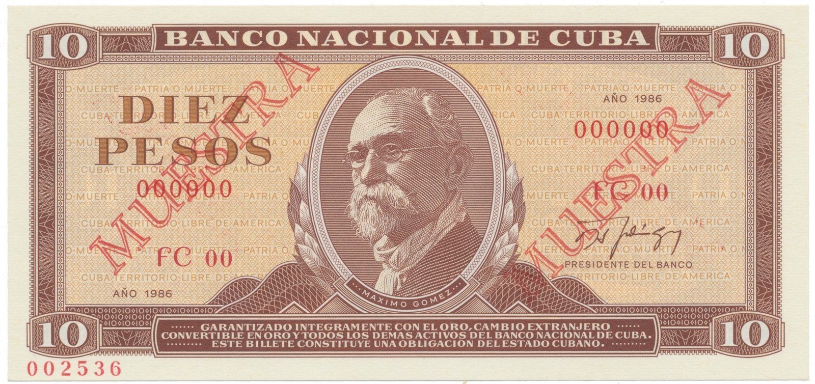 Kuba, 10 Pesos 1986, tisk STC Praha, anulát - 2x MUESTRA, bankovní vzor, P.104cs