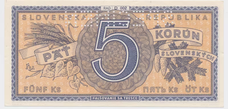 Slovensko, 5 Koruna b.d. (1945), perf. 1x SPECIMEN nahoře, Hej.55aD.S1