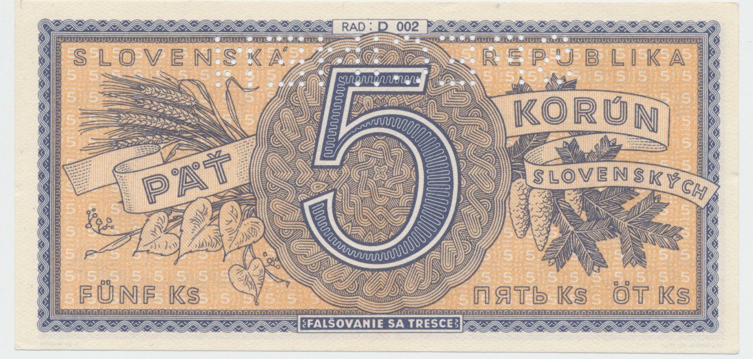 Slovensko, 5 Koruna b.d. (1945), perf. 1x SPECIMEN nahoře, Hej.55aD.S1