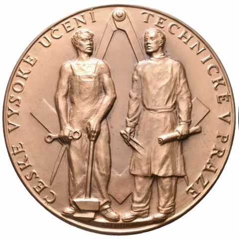 AE Medaile 1957 - K 250. Výročí založení ČVUT. Pat. bronz 80 mm,