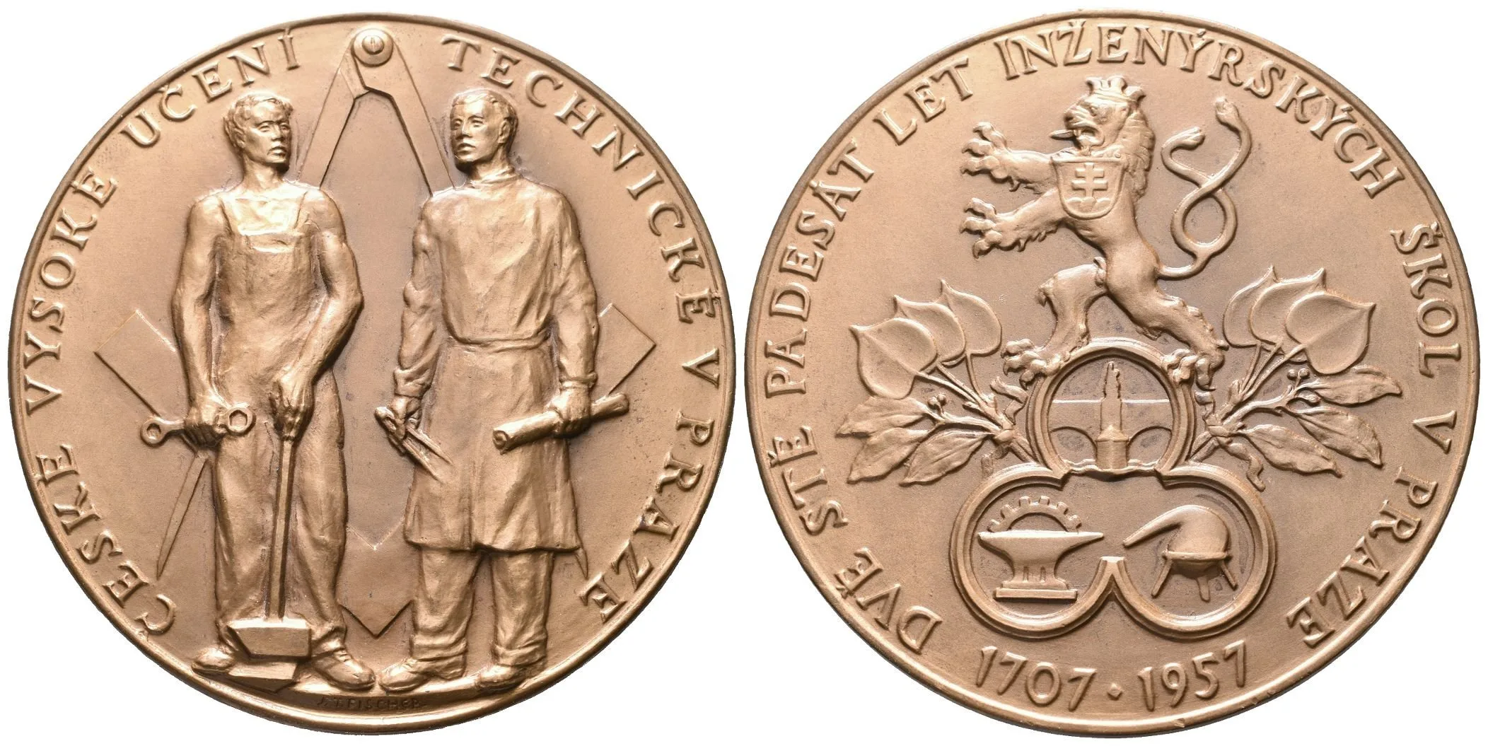 AE Medaile 1957 - K 250. Výročí založení ČVUT. Pat. bronz 80 mm, — 1