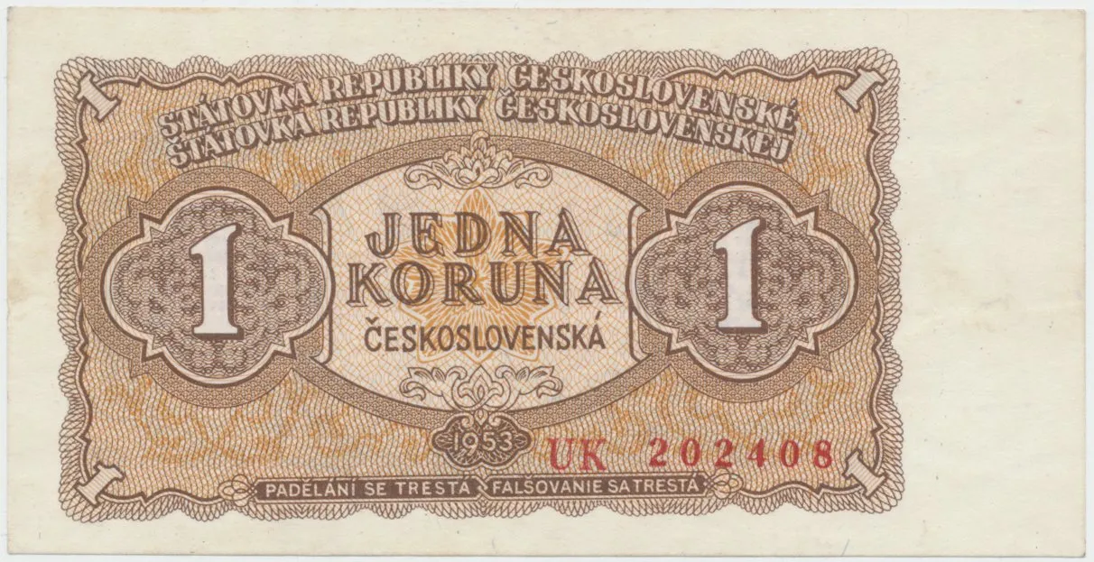Československo, 1 Koruna 1953, tisk Praha, série UK, Hej.89b2