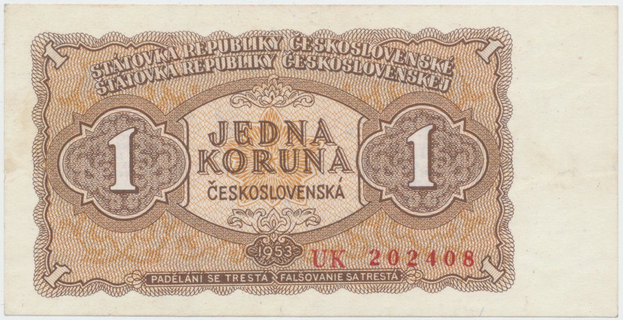 Československo, 1 Koruna 1953, tisk Praha, série UK, Hej.89b2