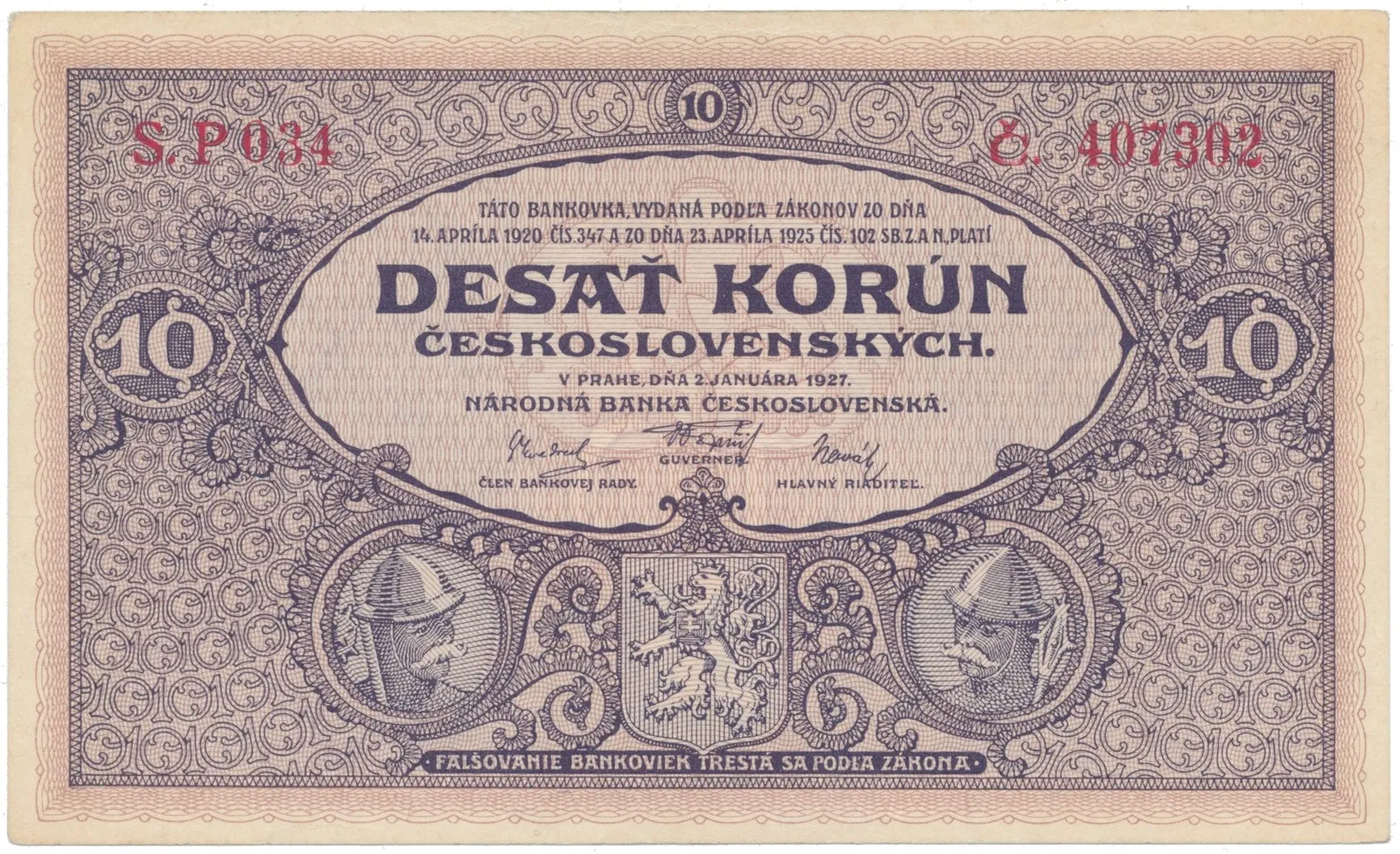 10 Koruna 1927, série P 034, Hej.22a