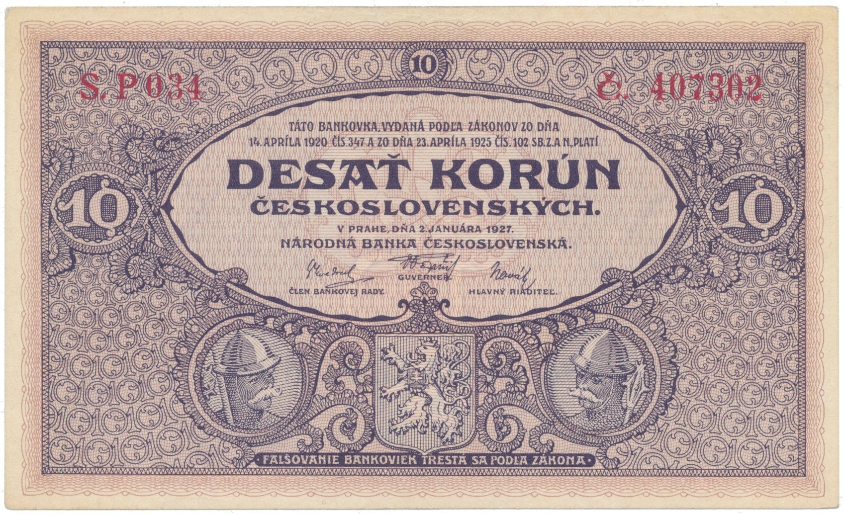 10 Koruna 1927, série P 034, Hej.22a