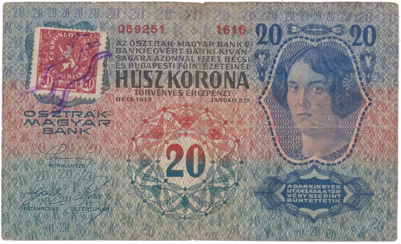 20 Koruna 1913 (1919), I. vydání, kolek padělaný, Hej.2