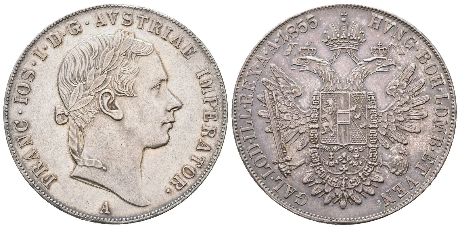 Tolar 1855 A, velmi pěkná zachovalost, téměř ražební plný ražební lesk — 1