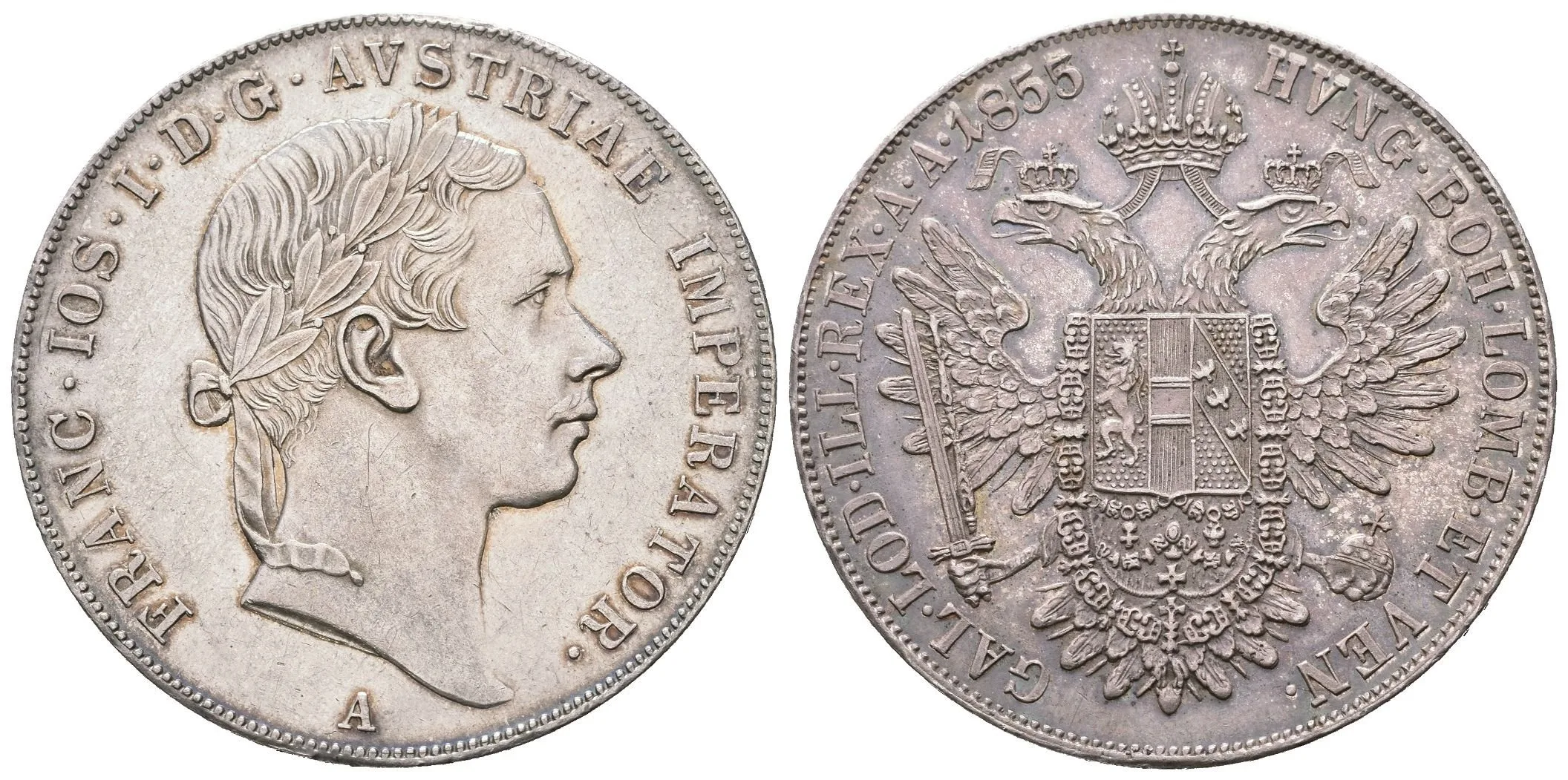 Tolar 1855 A, velmi pěkná zachovalost, téměř ražební plný ražební lesk — 1