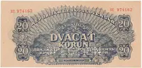 Československo, 20 Koruna 1944, číslovač 19 mm, perf. 1x SPECIMEN dole, Hej.58a.S2
