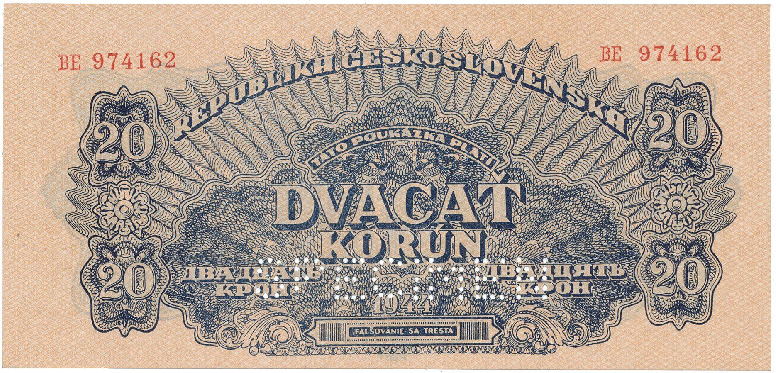 Československo, 20 Koruna 1944, číslovač 19 mm, perf. 1x SPECIMEN dole, Hej.58a.S2