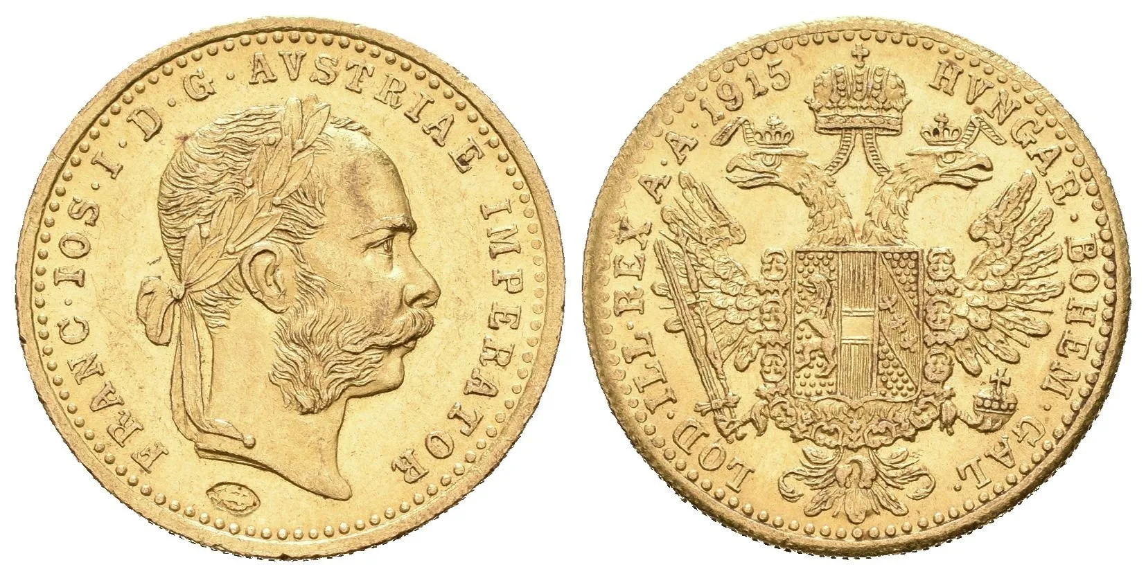 Dukát 1915, pod hlavou jugoslávská kontramarka s dvouhlavým orlem a číslem 1, — 1