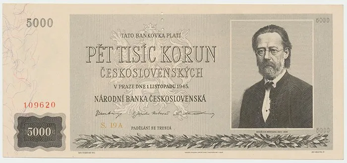 Československo, 5000 Koruna 1945, perforace 3 md svisle, Hej.80a.S1