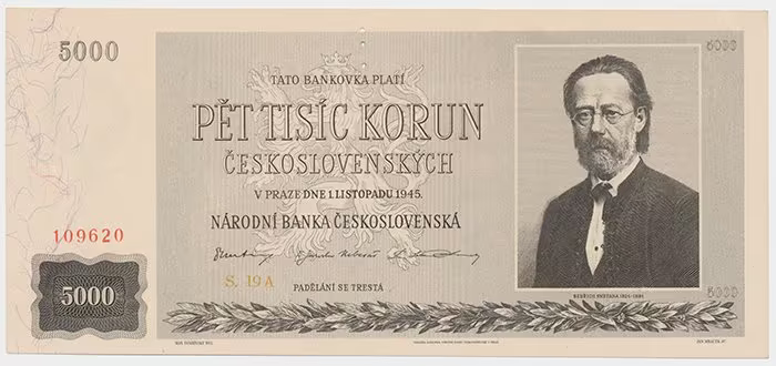 Československo, 5000 Koruna 1945, perforace 3 md svisle, Hej.80a.S1