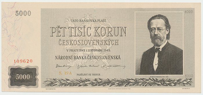 Československo, 5000 Koruna 1945, perforace 3 md svisle, Hej.80a.S1