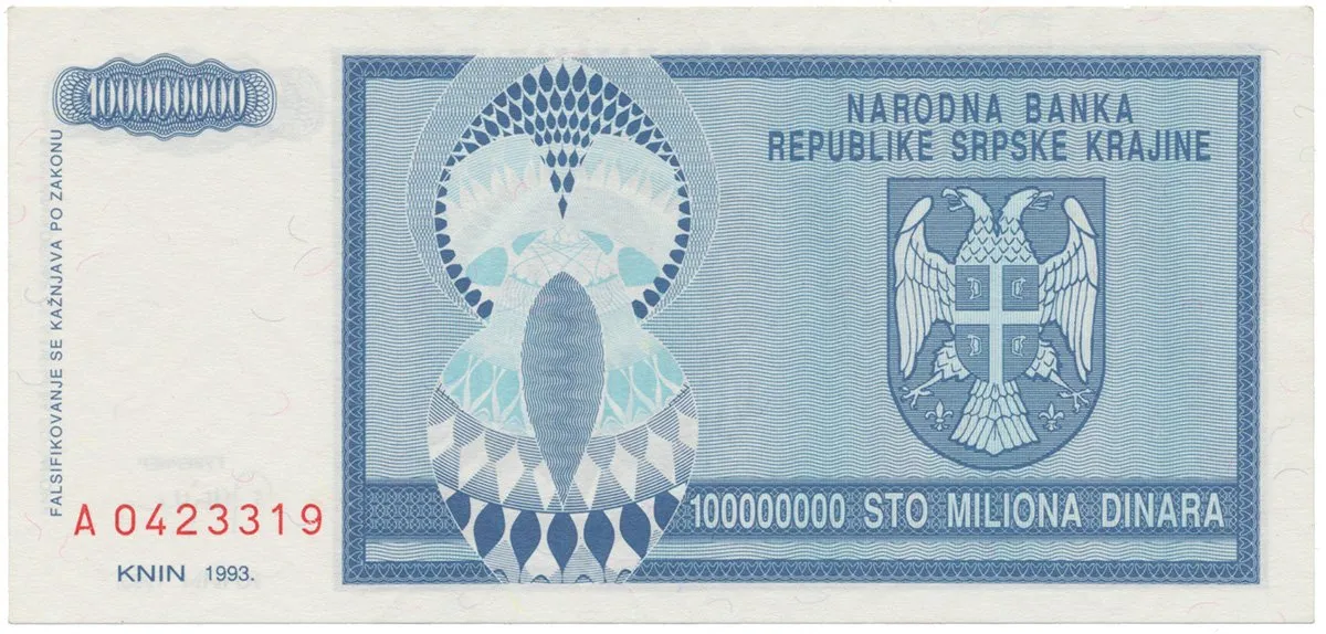 Chorvatsko, 100 Miliona Dinara 1993, P.R15