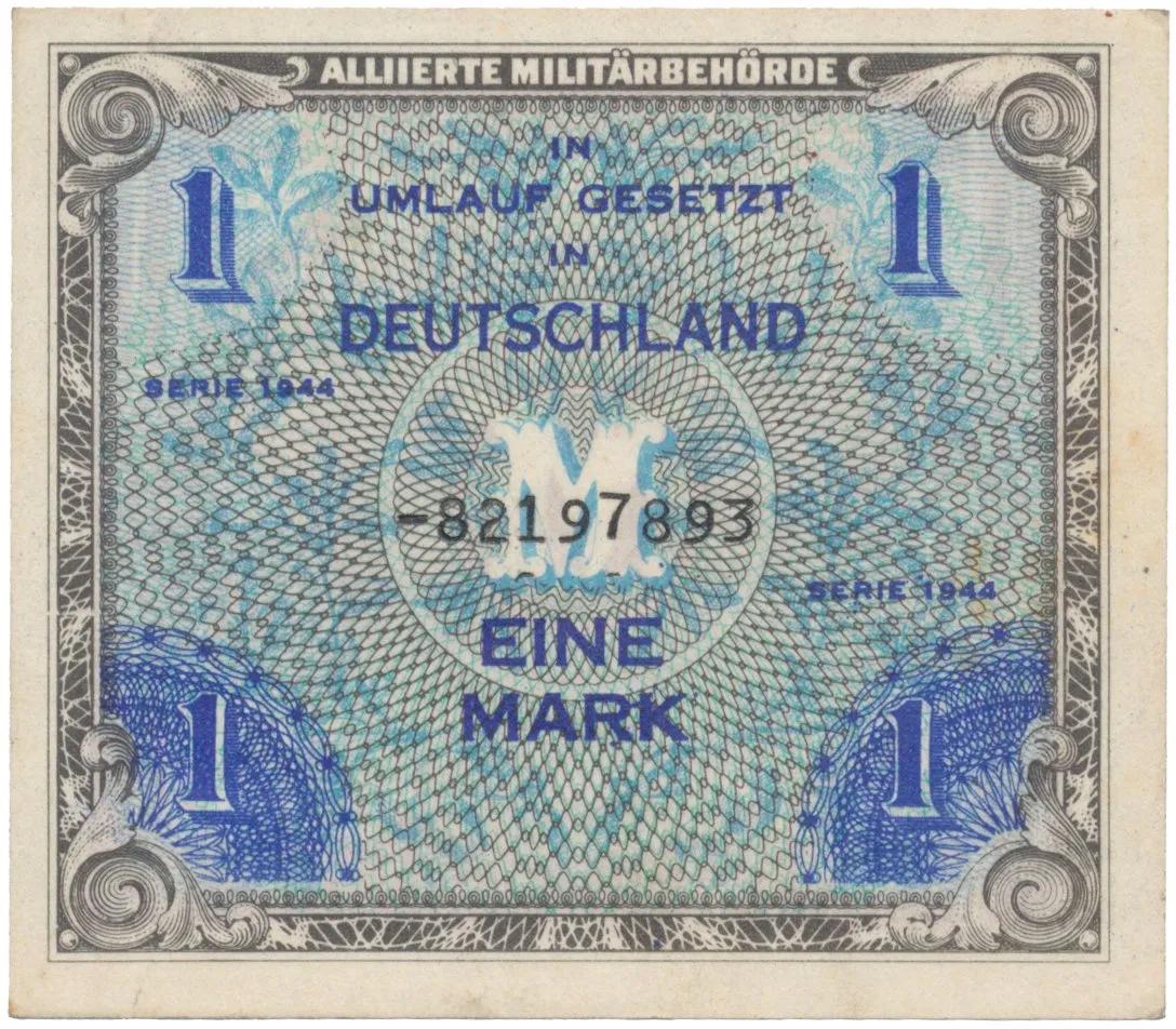 Okupační poukázky Allierte, 1 Mark 1944, tisk SSSR, 8-místný číslovač, Hej.AM2d