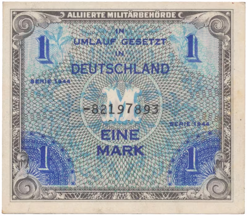 Okupační poukázky Allierte, 1 Mark 1944, tisk SSSR, 8-místný číslovač, Hej.AM2d