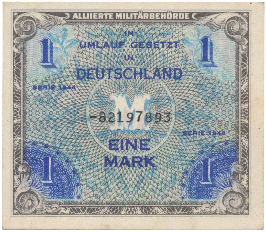 Okupační poukázky Allierte, 1 Mark 1944, tisk SSSR, 8-místný číslovač, Hej.AM2d