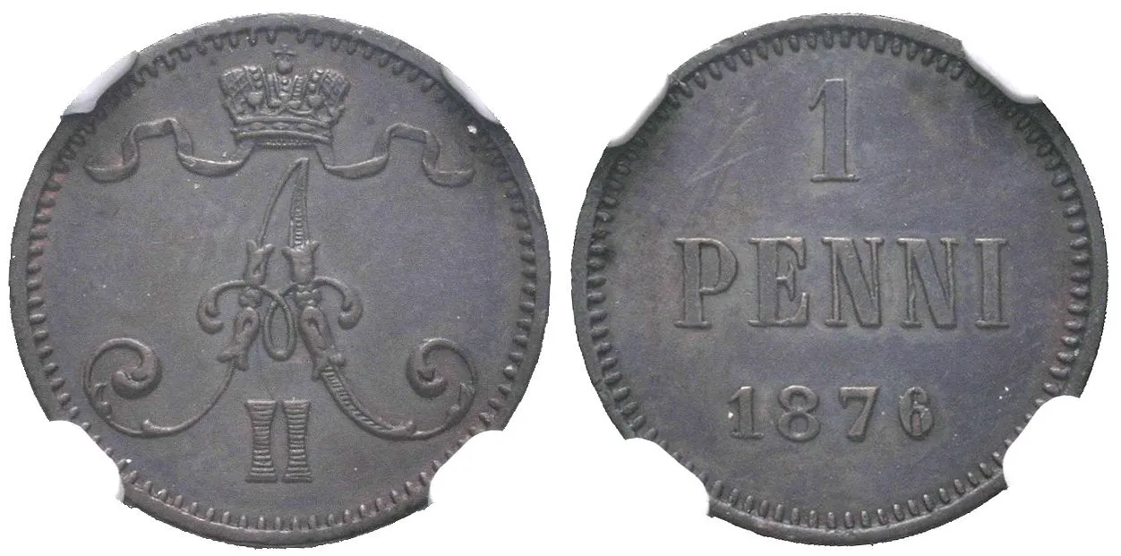 1 Penni 1876, Helsinky, Bitkin2.675, Uzd.4719, etue NGC, AU 58 BN — 1