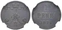 1 Penni 1876, Helsinky, Bitkin2.675, Uzd.4719, etue NGC, AU 58 BN — 1