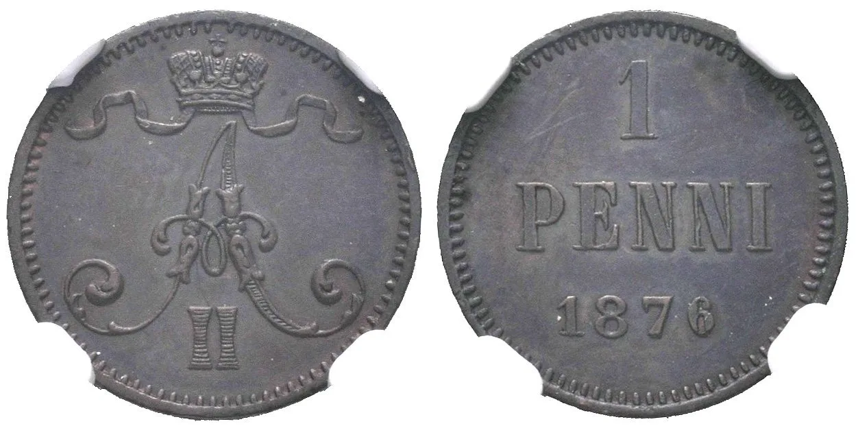 1 Penni 1876, Helsinky, Bitkin2.675, Uzd.4719, etue NGC, AU 58 BN — 1