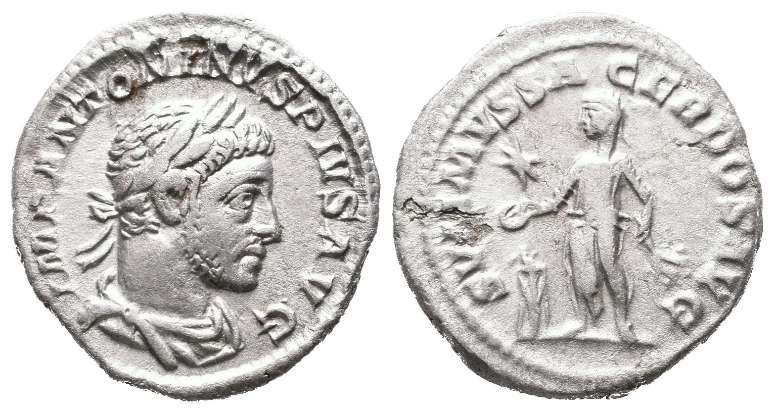 Denár, Rv: SVMMVS SACERDOS AVG, stojící Elagabalus zleva drží pateru nad — 1