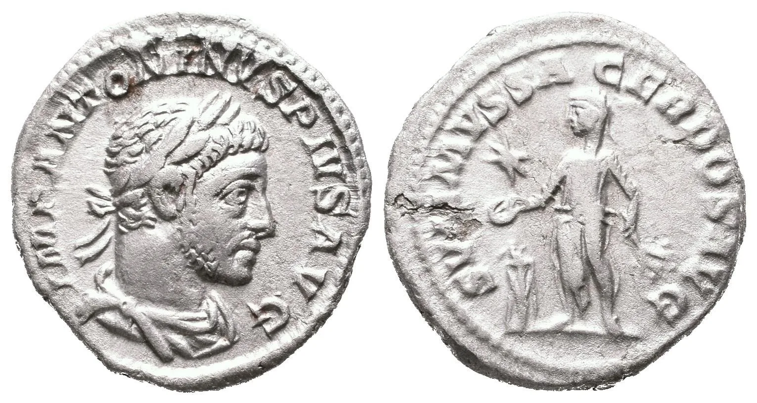 Denár, Rv: SVMMVS SACERDOS AVG, stojící Elagabalus zleva drží pateru nad — 1