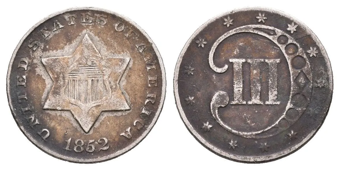 3 Cent 1852 (Ag), KM.75, tmavá patina, rysky — 1