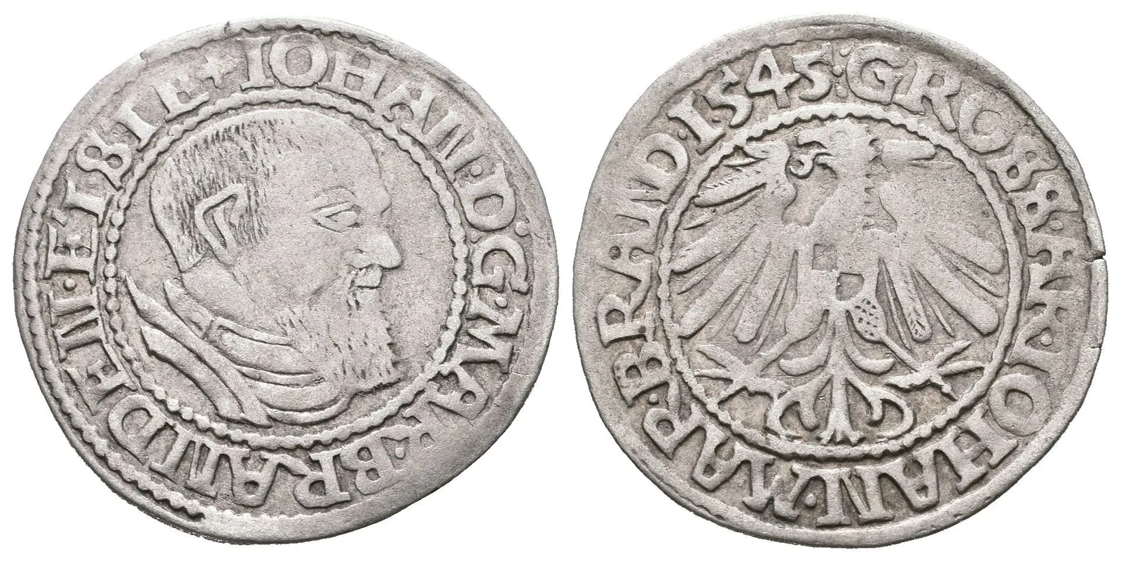Groš 1545, minc. Küstrin, Bahrf.549, patina, rysky — 1