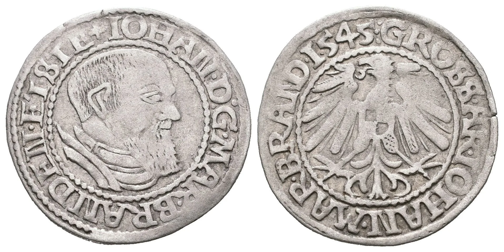 Groš 1545, minc. Küstrin, Bahrf.549, patina, rysky — 1