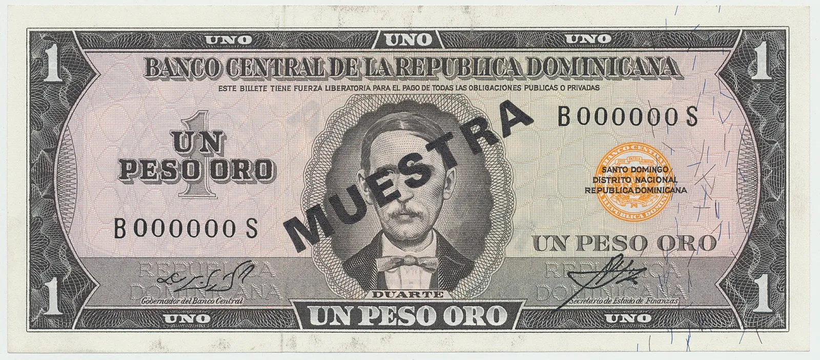 Dominikánská republika, 1 Peso Oro (1964~1974), bank. vzor, B000000S, přetisk 1x MUESTRA, P.99s3