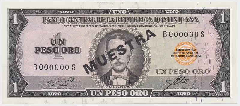 Dominikánská republika, 1 Peso Oro (1964~1974), bank. vzor, B000000S, přetisk 1x MUESTRA, P.99s3