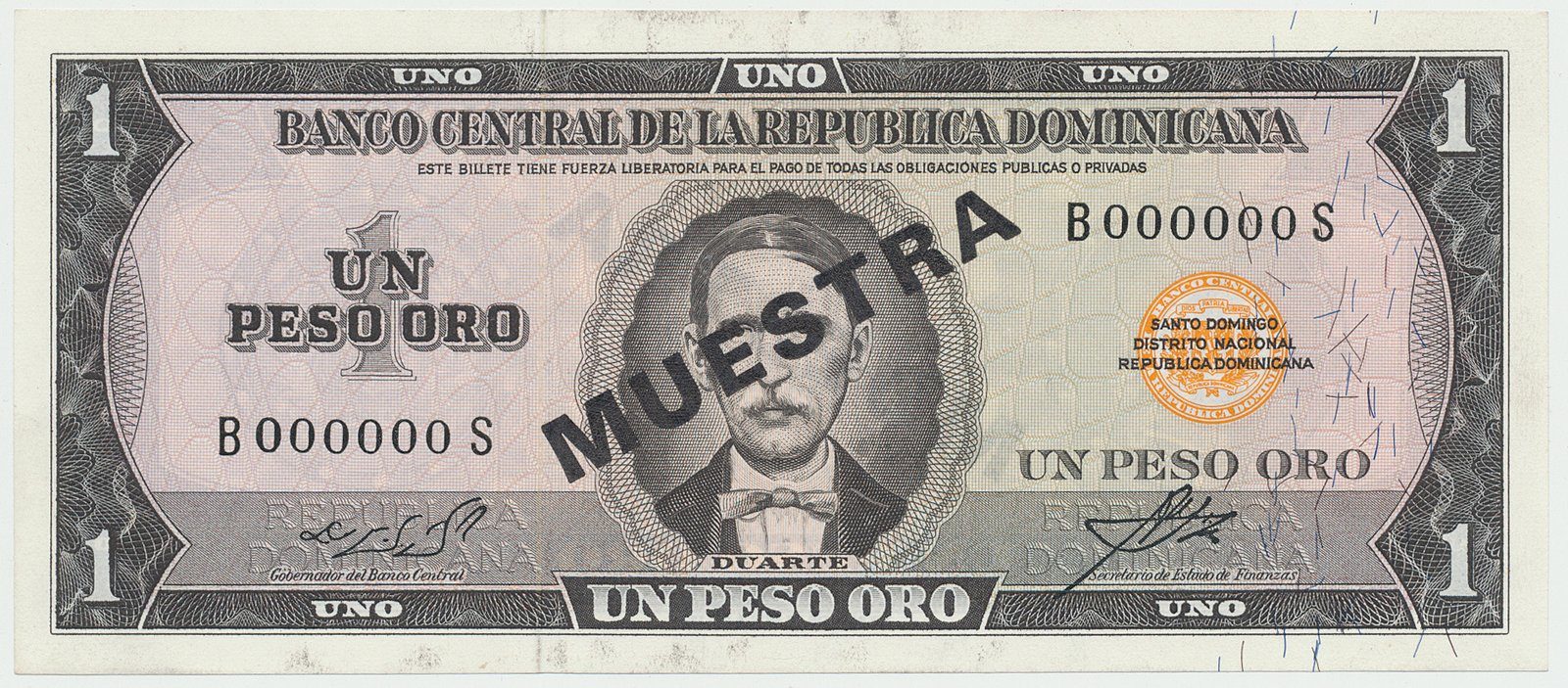 Dominikánská republika, 1 Peso Oro (1964~1974), bank. vzor, B000000S, přetisk 1x MUESTRA, P.99s3