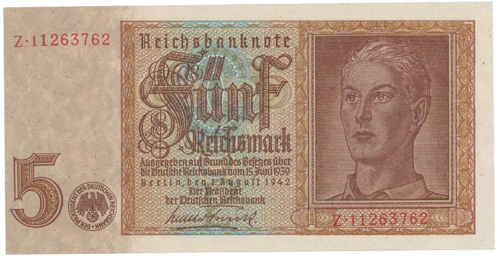 Německo, 5 Reichsmark 1942, 8-místný číslovač, Hej.D1b