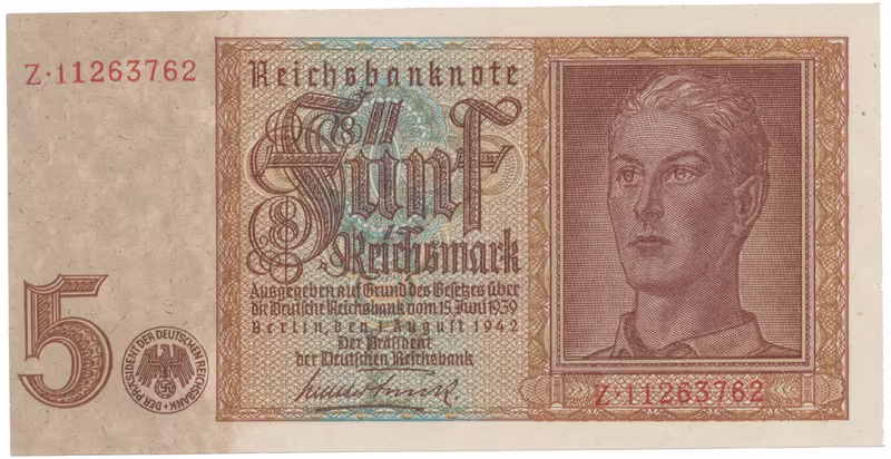Německo, 5 Reichsmark 1942, 8-místný číslovač, Hej.D1b